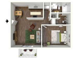A1 Floorplan: 1 Bedroom, 1 Bathroom, 652sqft