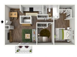 B1 Floorplan: 2 Bedroom, 1 Bathroom, 888sqft