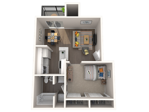 Modern one-bedroom apartment floor plan with an open living-dining area, kitchen, and balcony.