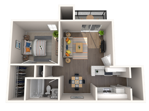 Contemporary one-bedroom apartment floor plan with open living area and kitchen, featuring balcony access and spacious design.