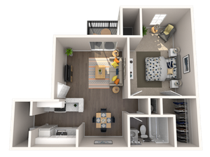 Modern floor plan showcasing a spacious 1-bedroom apartment with an open living area, cozy kitchen, and ample storage.