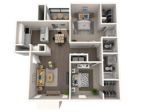 Spacious 3D floor plan of a modern two-bedroom apartment with open kitchen, cozy living room, balcony, and two bathrooms.