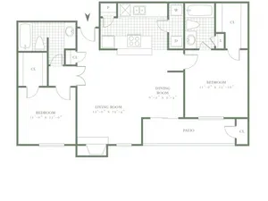 2 Bed, 2 Bath, 972 S.F.