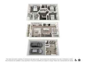 Elegant 3D floor plan showcasing 3 bedrooms, a modern kitchen, spacious living area, and double garage.