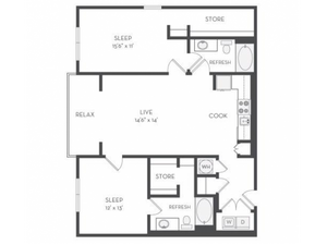 The Picasso Floor Plan | 2 Bedroom with 2 Bath | 1225 Square Feet | Cottonwood Westside | Apartment Homes