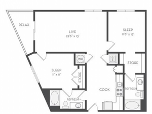 The Kandinsky Floor Plan | 2 Bedroom with 2 Bath | 1133 Square Feet | Cottonwood Westside | Apartment Homes