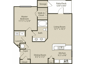 Grant with Garage Floor Plan | 1 Bedroom with 1 Bath | 843 Square Feet | Retreat at Peachtree City | Apartment Homes