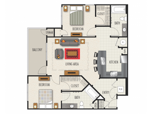 2B Floor Plan | 2 Bedroom with 2 Bath | 1202 Square Feet | Heights at Meridian | Apartment Homes