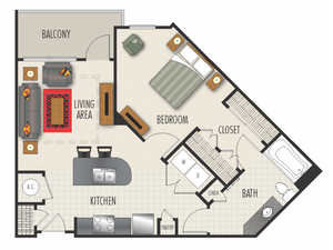1C Floor Plan | 1 Bedroom with 1 Bath | 767 Square Feet | Heights at Meridian | Apartment Homes