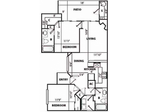 D2 Classic Floor Plan | 2 Bedroom with 2 Bath | 1192 Square Feet | Pavilions | Apartment Homes