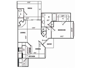 C Classic Floor Plan | 1 Bedroom with 1 Bath | 981 Square Feet | Pavilions | Apartment Homes