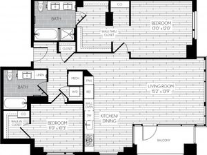 1219 square foot two bedroom two bath apartment floorplan image