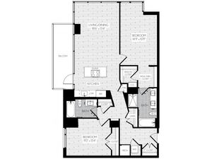 1221 square foot two bedroom two bath apartment floorplan image