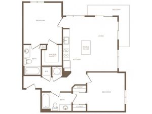 1048 square foot two bedroom two bath apartment floorplan image