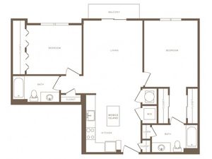 1007 square foot two bedroom two bath apartment floorplan image