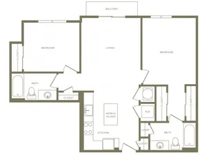 990 square foot two bedroom two bath apartment floorplan image