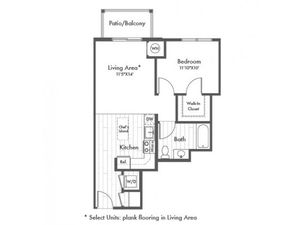 649 square foot one bedroom one bath apartment floorplan image