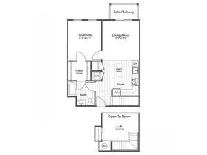 854 square foot one bedroom one bath loft apartment floorplan image