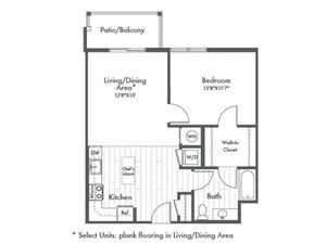 770 square foot one bedroom one bath apartment floorplan image