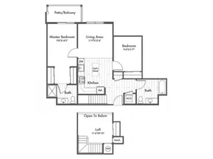 1050 square foot two bedroom two bath loft apartment floorplan image