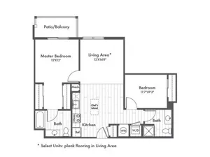 954 square foot two bedroom two bath apartment floorplan image