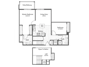 1069 square foot two bedroom two bath loft apartment floorplan image