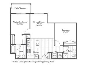 1025 square foot two bedroom two bath apartment floorplan image