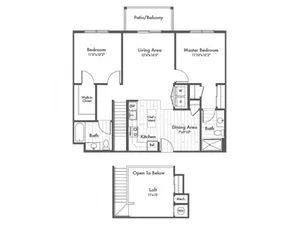 1263 square foot two bedroom two bath loft apartment floorplan image