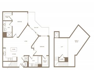 1207 square foot two bedroom two bath loft apartment floorplan image