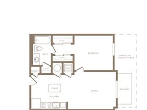 730 square foot one bedroom one bath phase II apartment floorplan image