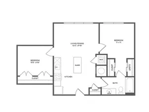 739 square foot two bedroom one bath apartment floorplan image