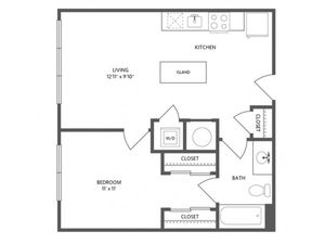596 square foot one bedroom one bath apartment floorplan image