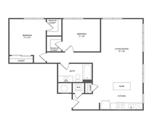 square foot two bedroom one bath apartment floorplan image