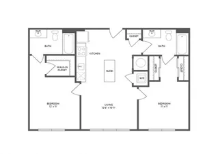 864 square foot two bedroom two bath apartment floorplan image