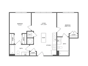817 square foot two bedroom two bath apartment floorplan image