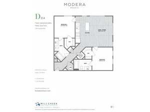 1105 square foot two bedroom two bath apartment floorplan image