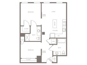 840 square foot two bedroom two bath apartment floorplan image