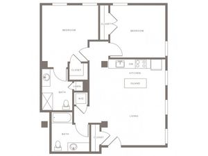 967 square foot two bedroom two bath apartment floorplan image