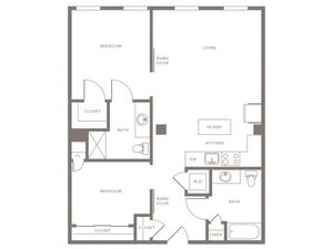 947 square foot two bedroom two bath apartment floorplan image