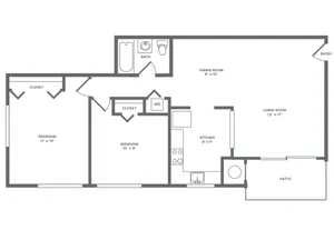 875 square foot renovated two bedroom one bath apartment floorplan image