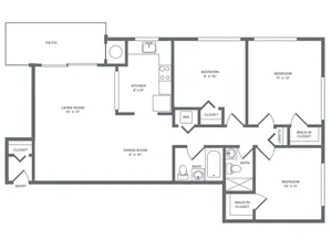 1060 square foot renovated three bedroom two bath apartment floorplan image