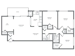 1113 square foot renovated three bedroom with den two bath apartment floorplan image