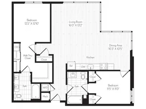1244 square foot two bedroom two bath floor plan image
