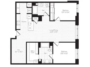 1304 square foot two bedroom two bath den floor plan