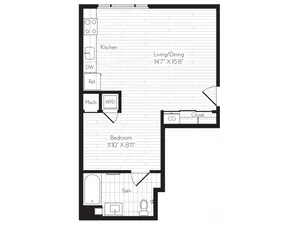 590 square foot studio one bath floor plan image