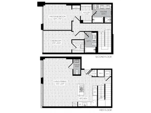 1324 square foot two bedroom two and a half bath two level apartment floorplan image