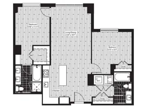 1031 square foot two bedroom two bath apartment floorplan image