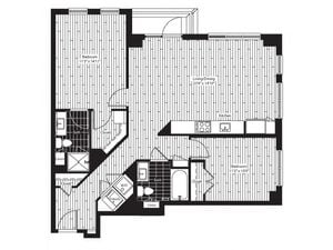 1032 square foot two bedroom two bath apartment floorplan image
