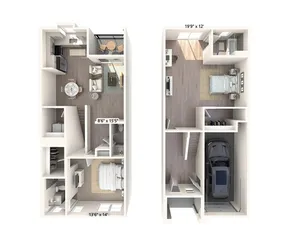 1392 square foot two bedroom two and a half bath townhome floor plan in Phoenix, Arizona