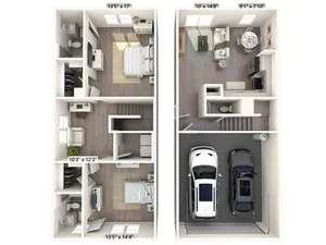 1317 square foot two bedroom two and a half bath townhome floor plan in Phoenix, Arizona
